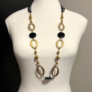 Gold Tone Oval Links & Beads Black Disc Long Necklace 34 inch Lightweight